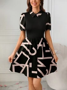 SHEIN Clasi Của phụ nữ Khối màu In ngẫu nhiên Ống tay áo Đầm - màu đen - Xem 3