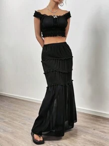 Flirla Ensemble De Haut Et De Jupe Dénudé D'épaule De Couleur Unie - Noir - Voir 4