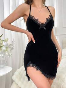 Ladies' Lace Patchwork Cami Sleep Dress Pajama Dress - Black - View 1