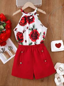Tween Girls' Floral Printed Halterneck Top With Solid Color Shorts Set, Summer,Holiday,Summer,Travel - Multicolor - View 1