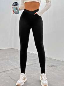 SHEIN EZwear 女士不对称腰部紧身裤 - 黑色 - 查看 1