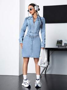 SHEIN EZwear Ladies' Zip Front Denim Dress - Medium Wash - View 3