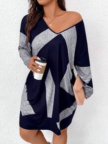 Vestido De Talla Grande Con Cuello En V Y Bolsillo Oculto - azul real - Ver 3