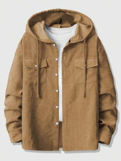 Street Life Men Solid Color Drawstring Hooded Corduroy Shirt, School