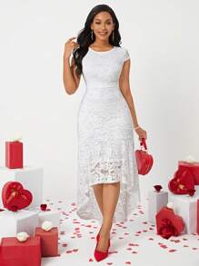 SHEIN Lady Solid Color Lace Asymmetric Hem Wedding Guest Dress - White - View 1