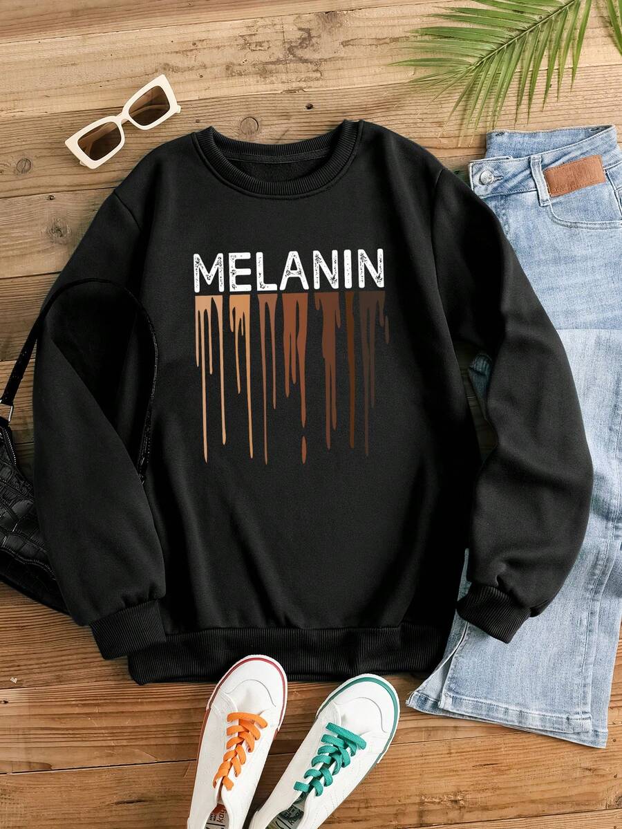 SHEIN EZwear 字母印花女用羊毛套頭衫 - 黑色 - 查看 1