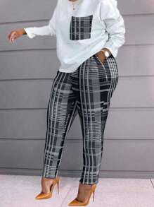 Maweii 大尺碼圓領長袖t恤和格子長褲套裝 - 黑色 - 查看 1