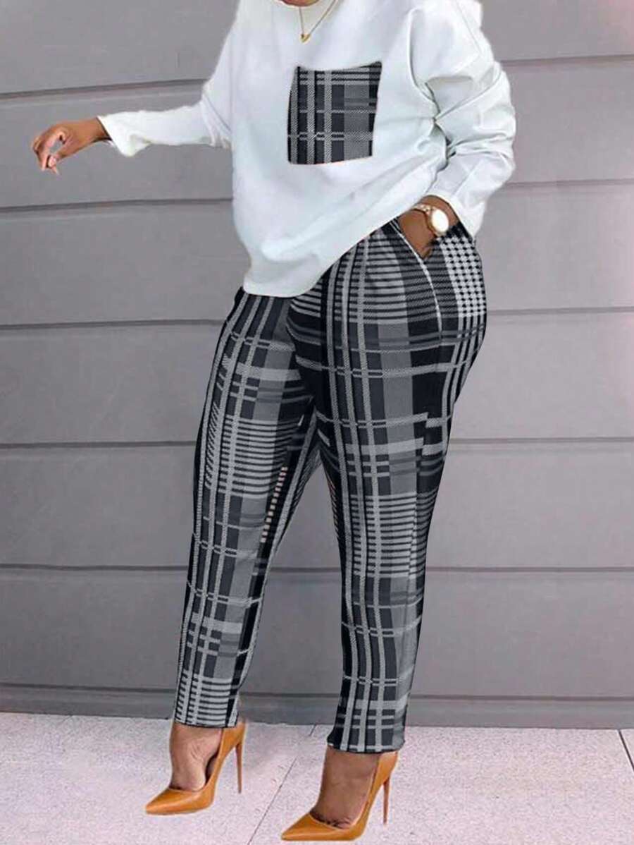 Maweii 大尺碼圓領長袖t恤和格子長褲套裝 - 黑色 - 查看 1