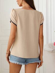 SHEIN Clasi 女士拼色不對稱領口泡泡袖襯衫