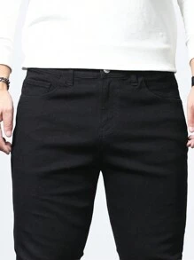 Manfinity Homme Men's Plus Size Solid Color Jeans, Plain Slim Fit Long Plain Black Dark Jeans Washed Cargo Jeans, For Husband, Boyfriend Gifts Going Out Hang Out Commute Work Vacation - Black - View 4