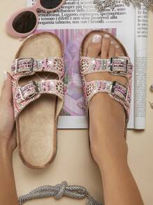 SHUZIA Giày Sandal Đế Bằng Thời Trang Cho Nữ Có Trang Trí Đá Rhinestone Phong Cách Kỳ Nghỉ Lễ Mùa Hè Giày Mùa Xuân Giày Nghỉ Xuân Phục Sinh Giày Thường Ngày Giày Đi Biển - Hồng - Xem 5