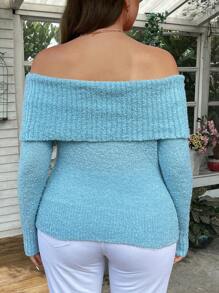 Flirla Plus Size Solid Color Off Shoulder Sweater Knit Pullover Fall Winter - Blue - View 2