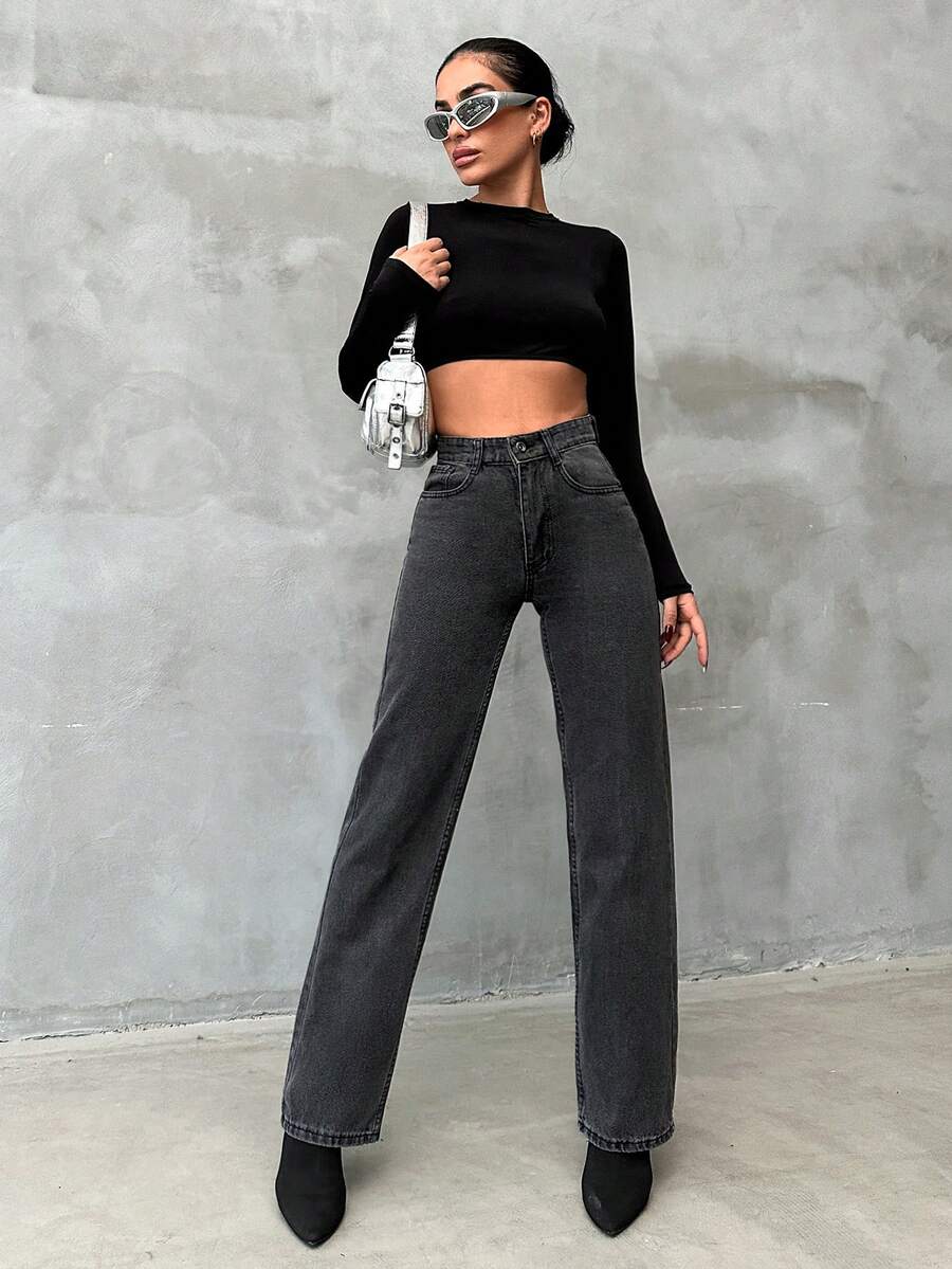 SHEIN PETITE Solid Color Straight Leg Jeans - Grey - View 1