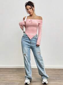 Flirla Drawstring Detail Cold Shoulder Asymmetrical Hem Knit Pullover Fall Winter Sweater - Pink - View 3