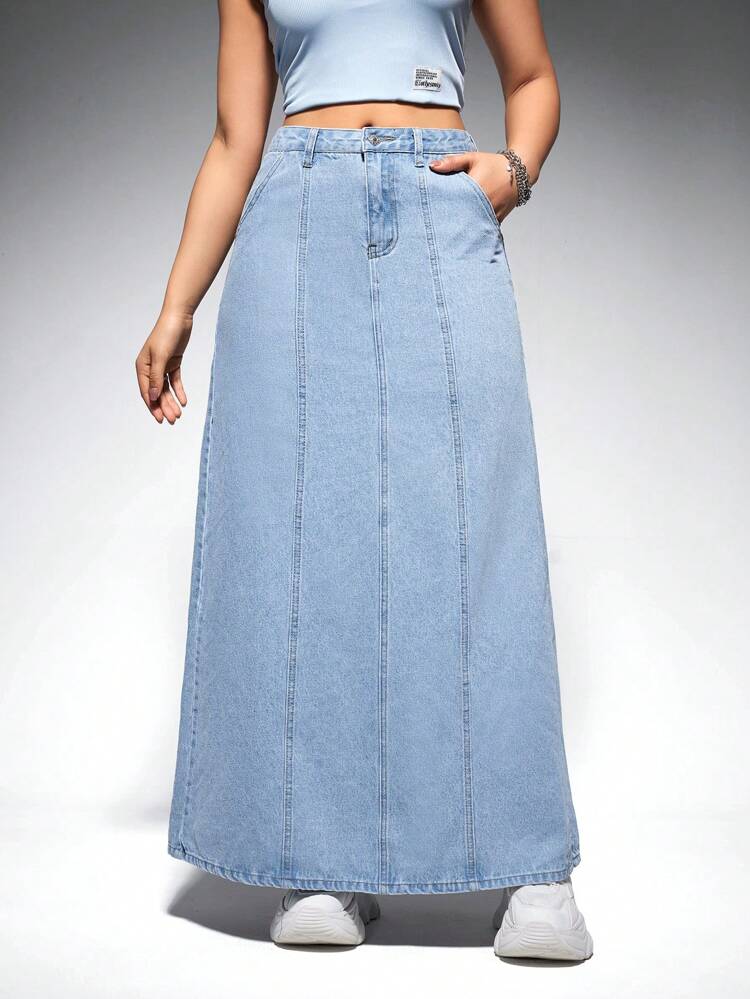 Women'S Light Blue Washed Long Denim Skirt With Side Slits