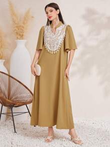 Al Najma 印花拼接凹口領流蘇裝飾連衣裙 - 黃色 - 查看 5