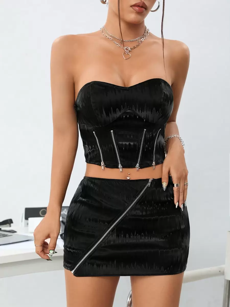 SHEIN ICON 無肩帶多拉鏈上衣和緊身裙套裝 - 黑色 - 查看 1