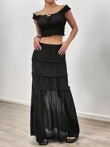 Flirla Ensemble De Haut Et De Jupe Dénudé D'épaule De Couleur Unie - Noir - Voir 1