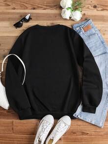 SHEIN EZwear 字母印花女用羊毛套頭衫 - 黑色 - 查看 2