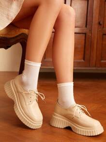 綁帶前面固定的女裝厚底鞋 - 杏色 - 查看 3