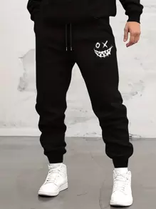 Manfinity Dauomo Men's Smiling Face Printed Drawstring Waist Jogger Pants, For Rave, Back To School
