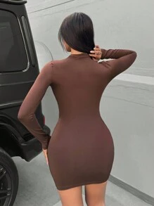 SHEIN SXY 女性性感扭結前開叉迷你連衣裙,非常適合春天、情人節、夜店派對 - 棕色 - 查看 2