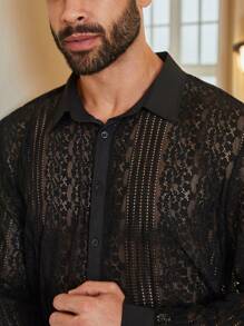 Manfinity Homme Men's Plus Size Lace Long Sleeve Shirt - Black - View 4
