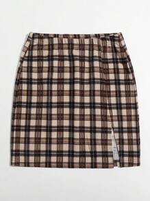 SHEIN EZwear Summer Going Out Brown Split Hem Short Style Tartan Skirt