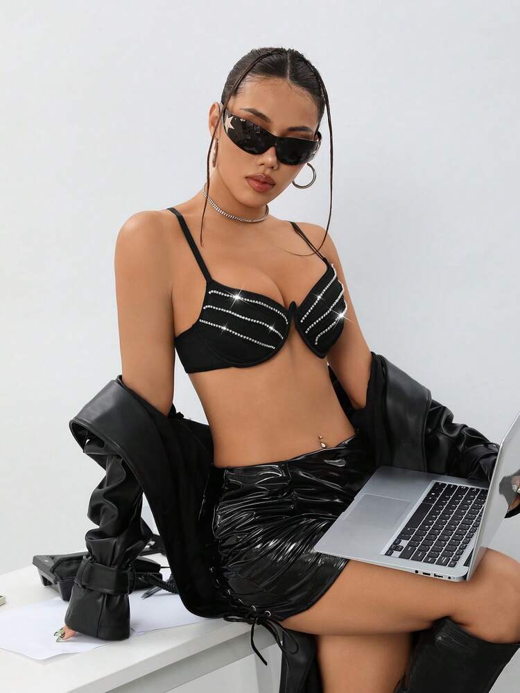 Y2k Summer Diamante Decoration Clubwear Camisole Black Crop Women Top