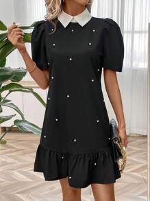 SHEIN LUNE Women's Color-Block Collar Pearl Decor Puff Sleeve Dress