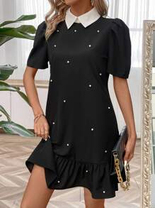 SHEIN LUNE Women's Color-Block Collar Pearl Decor Puff Sleeve Dress