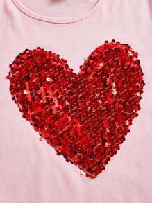 SHEIN Tween Girls' Sequin Heart Detail Casual Short Sleeve T-Shirt
