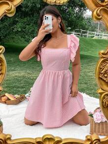 Flirla 大码格子盖袖背带连衣裙 - 粉色 - 查看 6