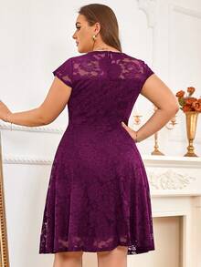 MIUSOL Plus Solid Floral Lace Cap Sleeve Cocktail Party Swing Dress - Maroon - View 2