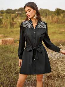 SHEIN VCAY 幾何刺繡長袖連衣裙 - 黑色 - 查看 2