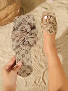 女士复古花卉印花平底方头休闲舒适户外拖鞋、高端沙滩凉鞋、简约系带拖鞋 - 杏色 - 查看 1