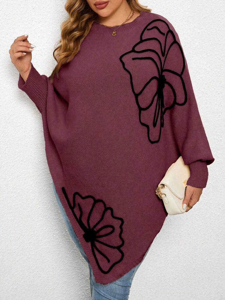 Plus Size Floral Pattern Lantern Sleeve Pullover Sweater Knit Pullover Fall Winter