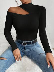 SHEIN PETITE Women's Stand Collar Hollow Out Long Sleeve T-Shirt