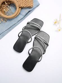 Crystal Embellished One-Strap Slide Sandals, French Minimalist Fashion Niche High-End Flat Slippers For Women Summer - Black - View 7