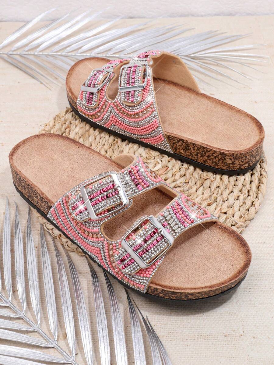 SHUZIA Giày Sandal Đế Bằng Thời Trang Cho Nữ Có Trang Trí Đá Rhinestone Phong Cách Kỳ Nghỉ Lễ Mùa Hè Giày Mùa Xuân Giày Nghỉ Xuân Phục Sinh Giày Thường Ngày Giày Đi Biển - Hồng - Xem 1
