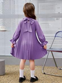 SHEIN Leap Crew Cô gái trẻ Váy chữ A dáng rộng cổ điển có trang trí nơ và tay áo dài xếp ly - Màu tím - Xem 7