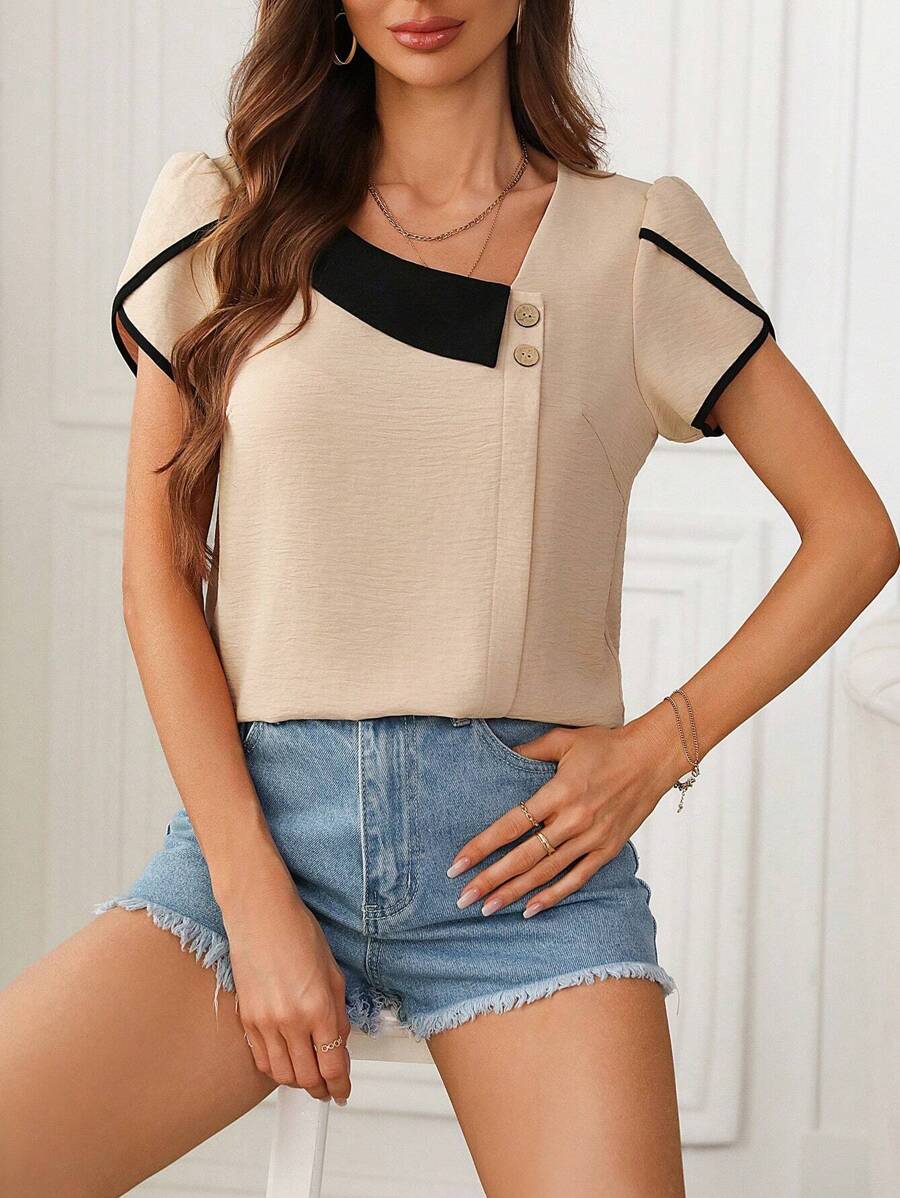 SHEIN Clasi 女士拼色不對稱領口泡泡袖襯衫