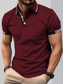 Manfinity Mode Men's Striped Short Sleeve Polo Shirt - Burgundy - View 1