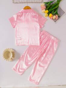 SHEIN Young Girl Comfortable Pink Striped Short Sleeve Shirt And Pants Set For Leisure