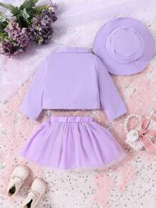 Baby Girls' Suit Jacket, Net Yarn Skirt And Hat Outfit Set For Elegant Parties In Spring And Summer