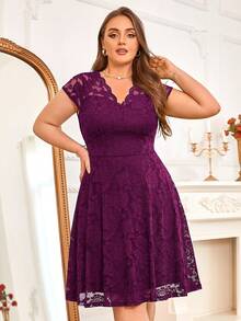 MIUSOL Plus Solid Floral Lace Cap Sleeve Cocktail Party Swing Dress - Maroon - View 3