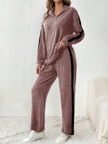 SHEIN Frenchy Zipper Half Placket Contrast Side Seam Top And Pants Set - Pink - View 1