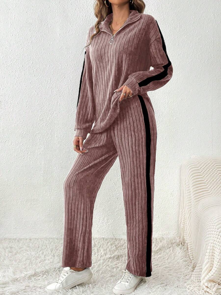 SHEIN Frenchy Zipper Half Placket Contrast Side Seam Top And Pants Set - Pink - View 1