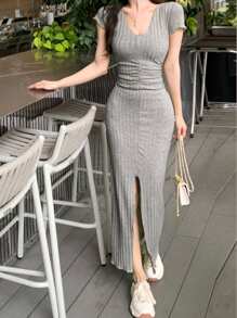 DAZY Vestido midi ajustado de color liso con cuello en V para mujer, vestido de verano