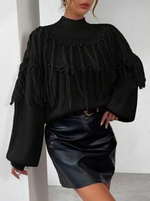 SHEIN Privé 流蘇裝飾圓球袖毛衣 - 黑色 - 查看 3